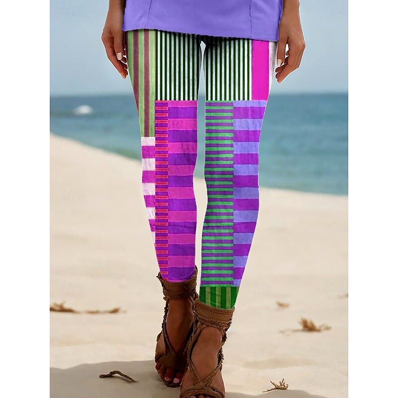 Women's Leggings Vacation Vintage Ethnic Style Ankle-Length High Waist Graphic Geometric Plaid Checkered 3D Print Breathability Soft Comfortable High Elasticity Outdoor Home Causal Violet Blue Rainbow2