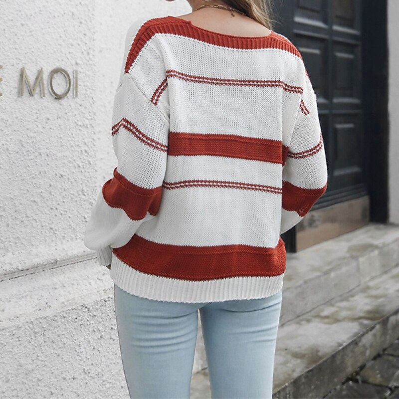 Women's Pullover Casual Striped Chunky V Neck Knitted Long Sleeve Regular Tops Knit Daily Holiday Going out Pink Red Fall Winter4