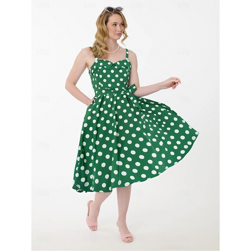 Retro Vintage 1950s Grease Outfits Rockabilly Midi Dress Swing Dress Flare Dress With Belt Spaghetti Strap Polka dots A-Line Fancy Dress Women's Carnival Daily Wear Tea Party Retro Adults Dress Spring