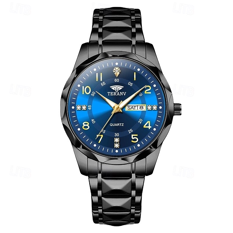 Men's Quartz Watch High-definition Scratch Resistant Rhinestone Decorated Digital Circular Dial Night Light Display Date Calendar Multifunctional Fully Automatic Watch Birthday and Holiday Gift