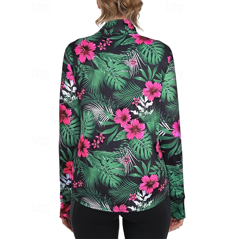 Women's Floral Botanical Golf Polo Shirt Tennis Shirt Long Sleeve Print Quarter Zip Pullover UV Protection Elastic Breathable Tennis Golf Pickleball Zip Collar Shirt Polo Blue Green Tennis Clothing4
