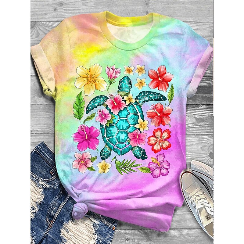 Women's T Shirt Graphic Animal Tie Dye Vintage Stylish Classic Short Sleeve Crew Neck Regular Tops Daily Weekend Print Yellow Pink Blue Green Summer Spring4