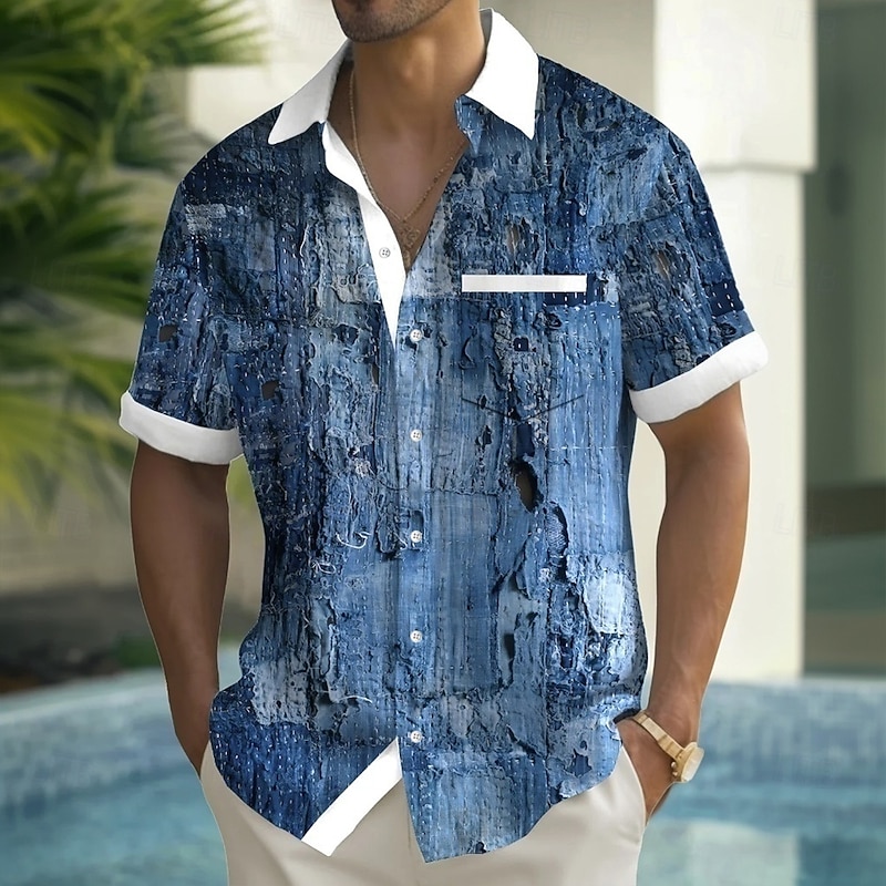 Men's Distressed Print Denim-like Shirt Summer Shirt Button Up Shirt Short Sleeve Fashion Casual Outdoor Vacation Dailywear Summer Spring Turndown 3D Print Collared Shirts Front One Pocket Red Blue