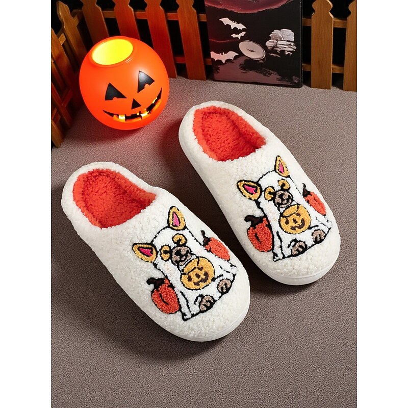 Unisex Halloween Dog Embroidered Fleece Slippers – Cozy Indoor House Shoes with Pumpkin Design for Women and Men3
