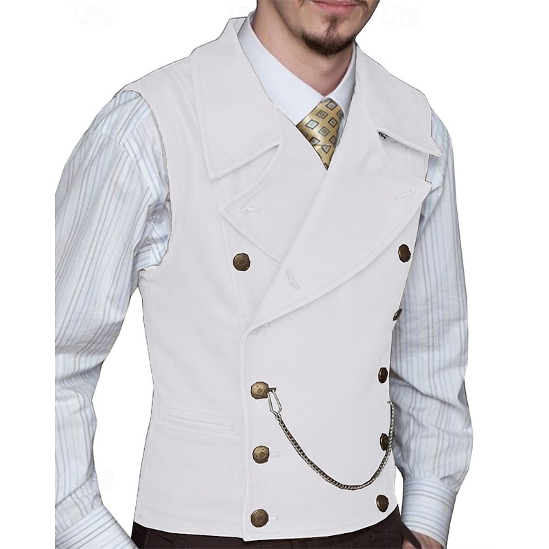 Men's Vest Waistcoat Gilet Vacation Party Business Fashion Casual Spring Fall Pocket Buttons Polyester Comfortable Plain Double Breasted Lapel Regular Fit Silver Black White Wine Vest2