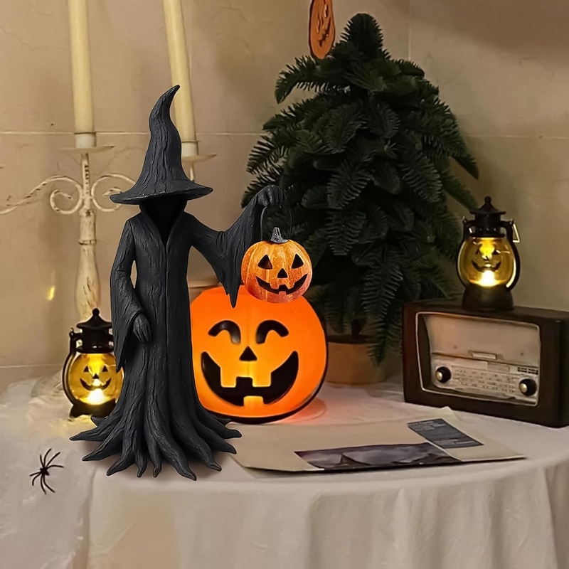 Halloween Witch Statue Resin Witch Mysterious Statue Ornament Gothic Witch Holding Pumpkin Figure Home Decor for Bedroom Living Room Kitchen Desktop4