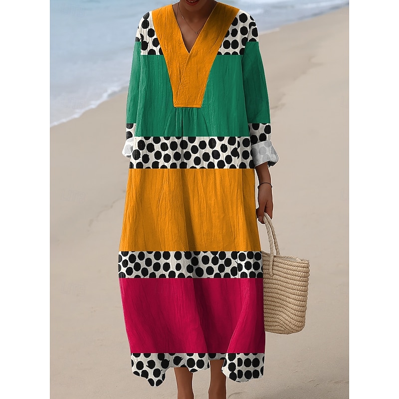 Women's Midi Dress V Neck Long Sleeve Kaftan Lightweight Loose Fit Shift Dress Casual Going out Loose Fit Graphic Geometric Long Sleeve V Neck Dark Yellow Yellow Pink Blue Fall