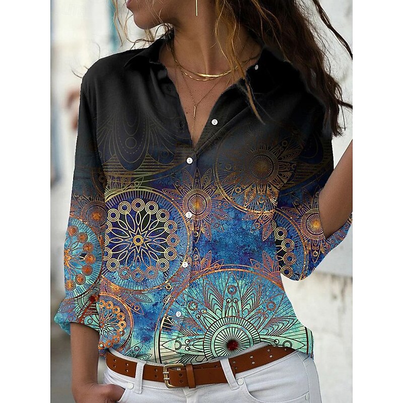 Women's Shirt Button Down Tunic Shirt Collar Long Sleeve Ombre Floral Graphic Vintage Daily Stylish Regular Tops Work Daily Holiday s Print Black Royal Blue Blue Purple Spring Fall2