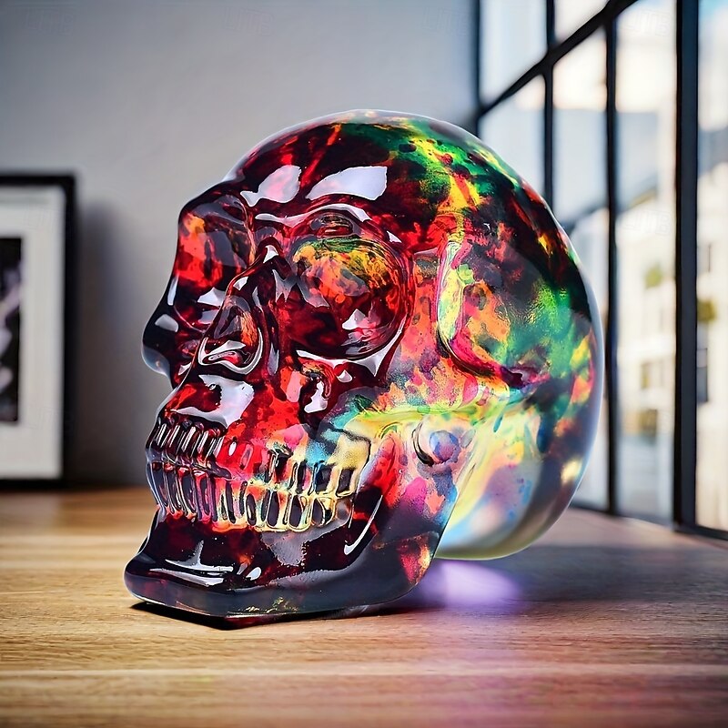 Handcrafted Glass Skull Figurine - Multicolor Iridescent Crystal Skull Sculpture Americana Fantasy Decor for Various Room Types Ideal for Christmas Halloween Easter Day of the Dead Decorations4