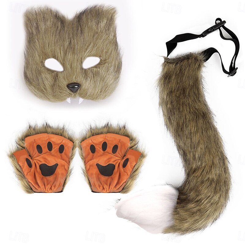 Realistic Fox Mask, Gloves, and Furry Tail Set – Halloween Cosplay Accessories, Fox Animal Costume for Party, Role Play, and Stage Performance2