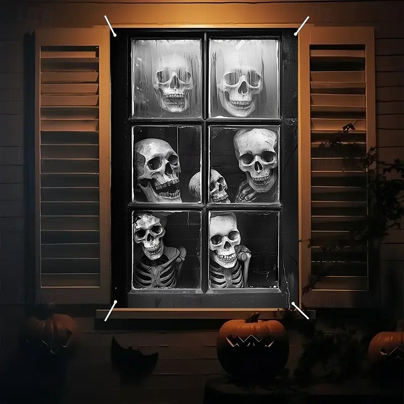 Halloween Window Curtain Creepy Skull Collage Black and White, Scary Door Cover, Window cover,  Wall Tapestry for 2025 Halloween Haunted House and Home decoration3