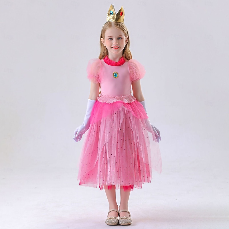 Princess Peach Dress Outfits Tulle Dresses Adventure Movie Cosplay Movie Cosplay for Girls' Kid's Halloween Carnival World Book Day Performance School Event Dress Up