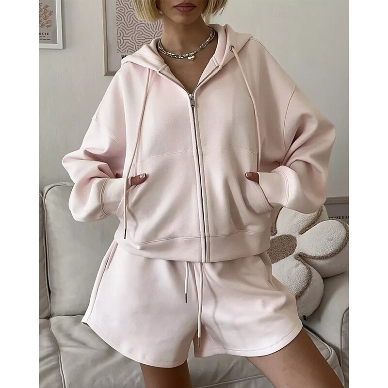 Women's Fashion Streetwear Tracksuit Shorts Sets Long Sleeve Hooded Plain Zipper Daily Wear Date White Pink Blue Summer Regular Fit4