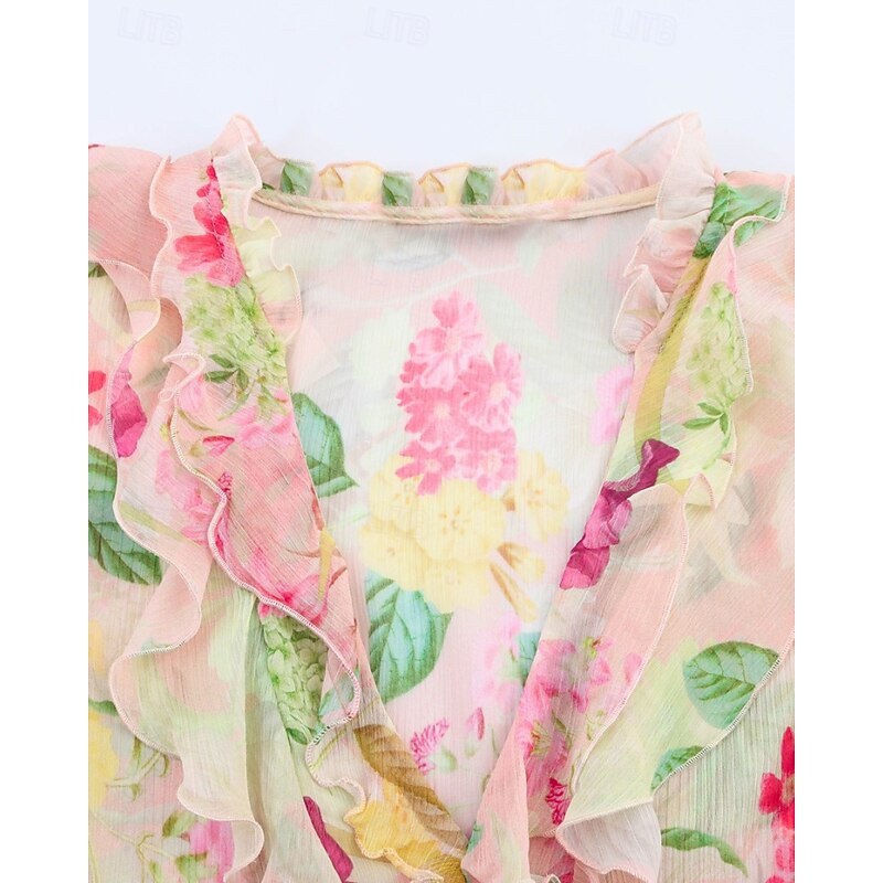 Women's Shirt Blouse Flower Stylish Modern Long Sleeve V Neck Regular Tops Holiday Going out Print Pink Fall3