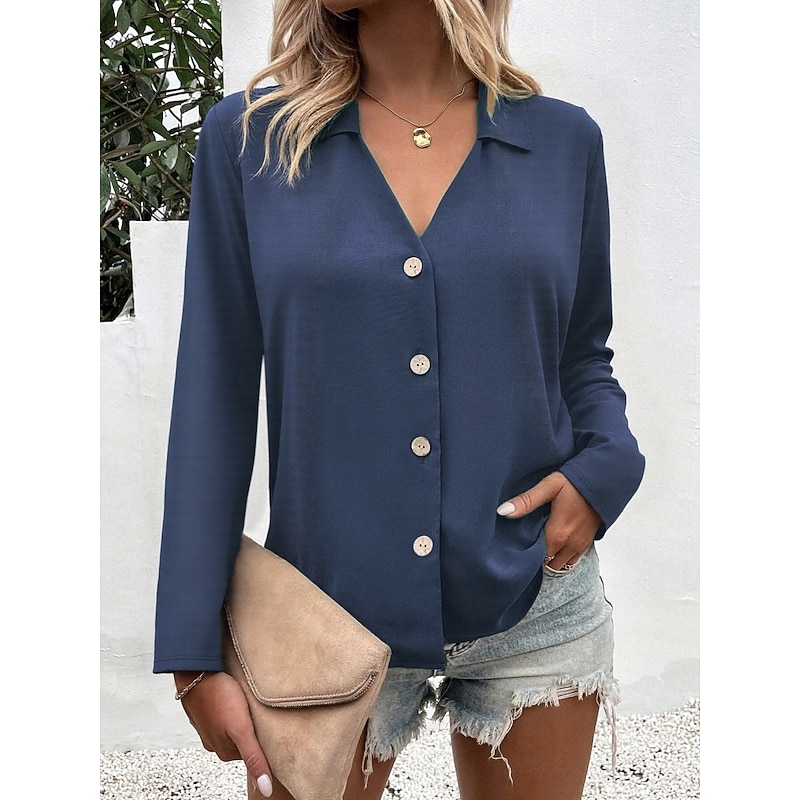 Women's Shirt Button Down Blouse Solid Color Stylish Casual Long Sleeve V Neck Regular Tops Daily Buttons Black White Blue Fuchsia Summer Spring