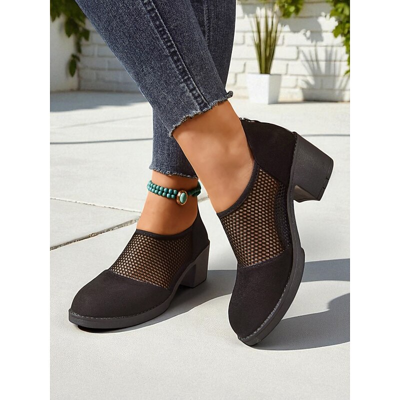 Women's Black Mesh Chunky Heel Shoes – Breathable Vintage-Style Pumps for Office, Garden Parties & Smart Casual Looks3