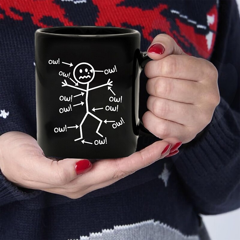 Funny Coffee Mug Ow Stick Figure Pain Chart Black Ceramic Mug 11oz 330ml Sarcastic Gag Gift for Friends Coworkers Adults3