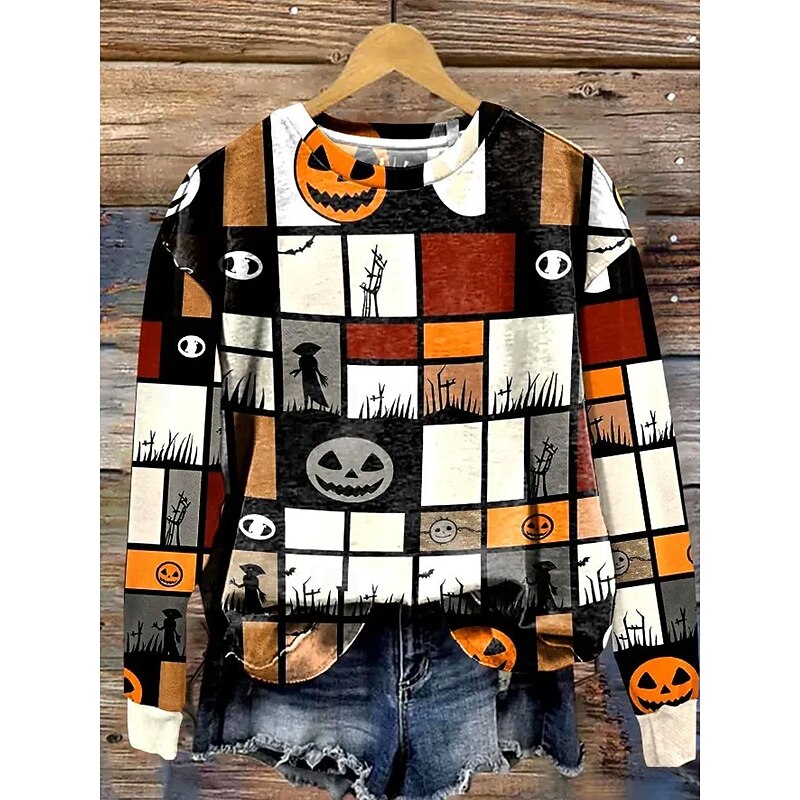 Women's Sweatshirts Graphic Geometric Skull Casual Long Sleeve Crew Neck Round Neck Regular Tops Street Dailywear Print Orange Spring Fall Winter