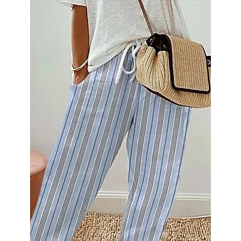 Women's Chinos Vacation Vintage Ethnic Style Ankle-Length High Waist Graphic Stripe Striped Pocket Soft Outdoor Breathable Inelastic Vacation Street Causal Light Blue Summer Spring Fall Loose Fit2