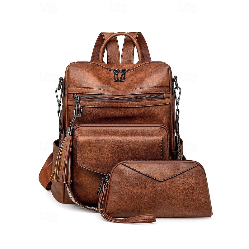 Women's Leopard Print Faux Leather Backpack Wallet Set of Two - Convertible Shoulder Bag with Tassels for Daily School, Travel and Shopping