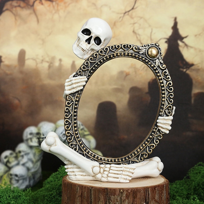 Halloween Resin Skeleton Mirror Frame Figurine, Spooky Decoration for Garden, Yard, Planter, and Home Display, Ghost Festival Ornament