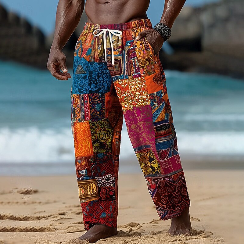 Men's Geometric Color Block Ethnic Trousers Baggy Pants Casual Pants Mid Waist Vintage Retro Outdoor Vacation Elastic Drawstring Waist Linen-Like Pants with Pockets Summer Spring Fall 3D Print Red2