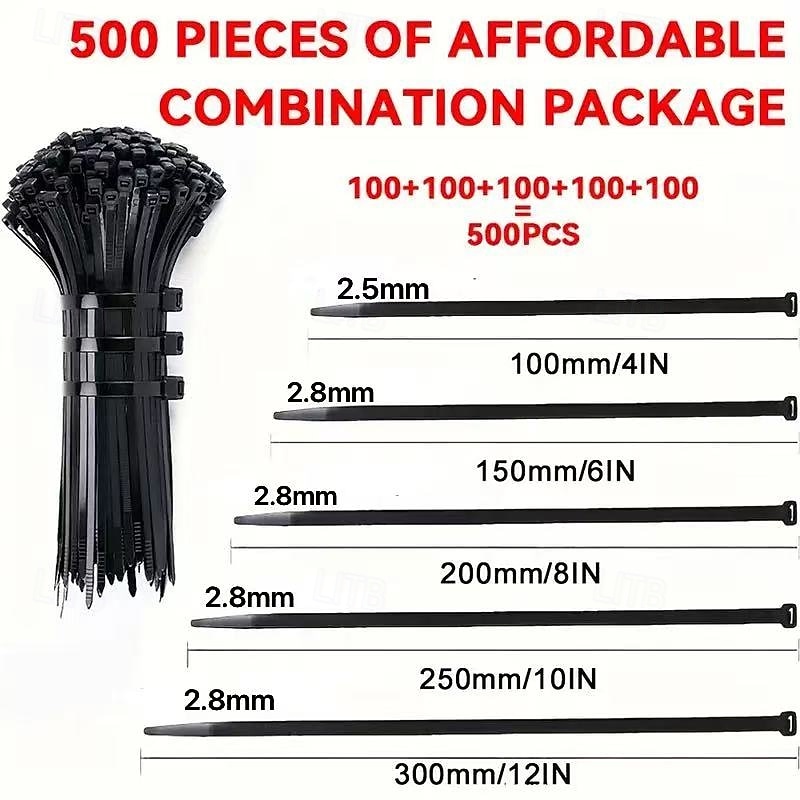 500pcs Reusable Black Self-Locking Nylon Cable Ties, Assorted Sizes 100/150/200/250/300mm, Heavy Duty Zip Ties for Indoor Outdoor Use, Home Office Garden Workshop Cable Management2