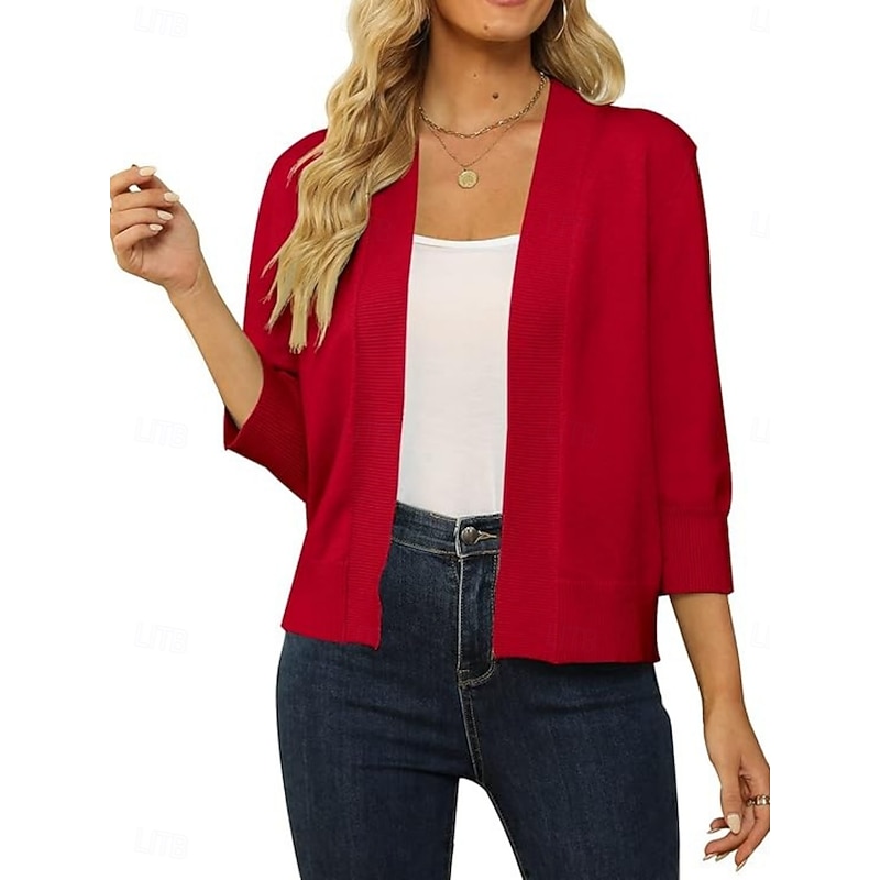 Women's Cardigan Daily Stylish Basic Pure Color Ribbed Open Front Knitted Long Sleeve Regular Tops Knit Outdoor Daily Black Red Spring Fall3