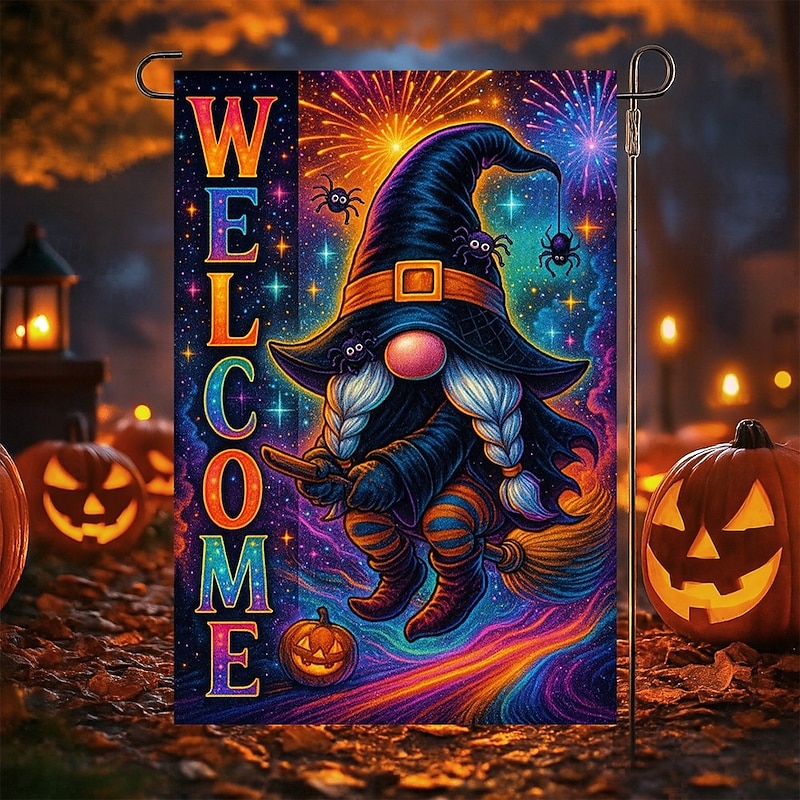 Halloween Garden Flag Banner – Neon-Style "Welcome" Witch with Spiral, Double-Sided Weather-Resistant Yard Flag for 2025 Halloween Holiday Outdoor Lawn, Porch Decoration2