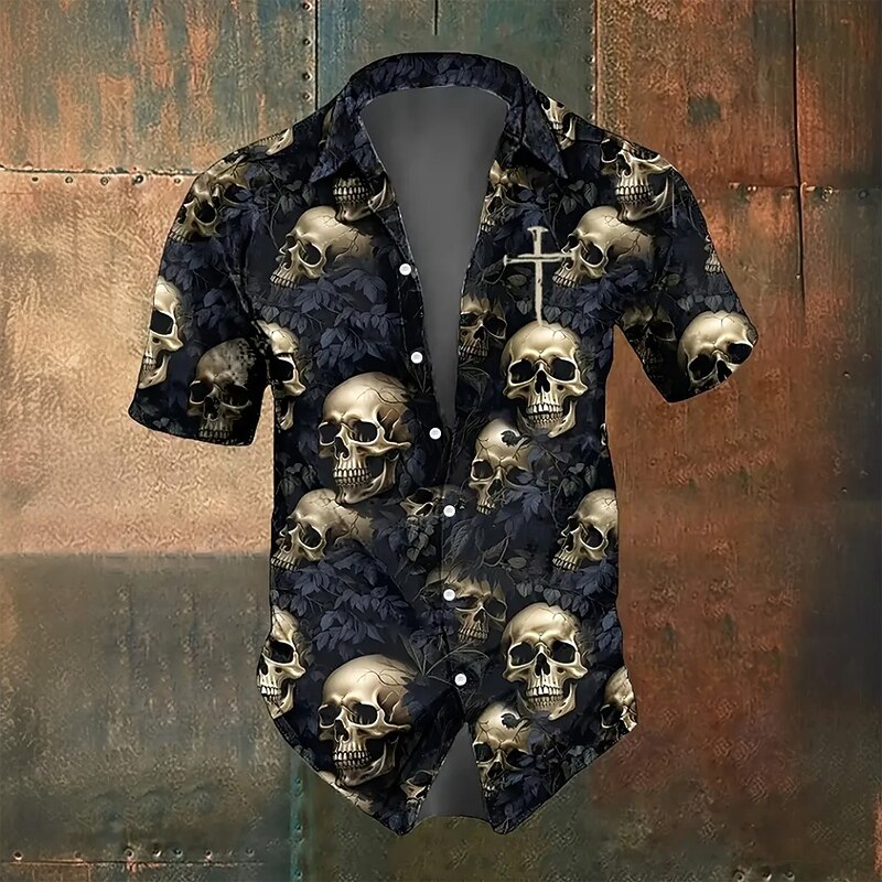 Men's Cross Halloween Costumes Skulls Shirt Summer Shirt Button Up Shirt Short Sleeve Dark Gothic Style Outdoor Vacation Dailywear Summer Spring Turndown 3D Print Collared Shirts Front One Pocket