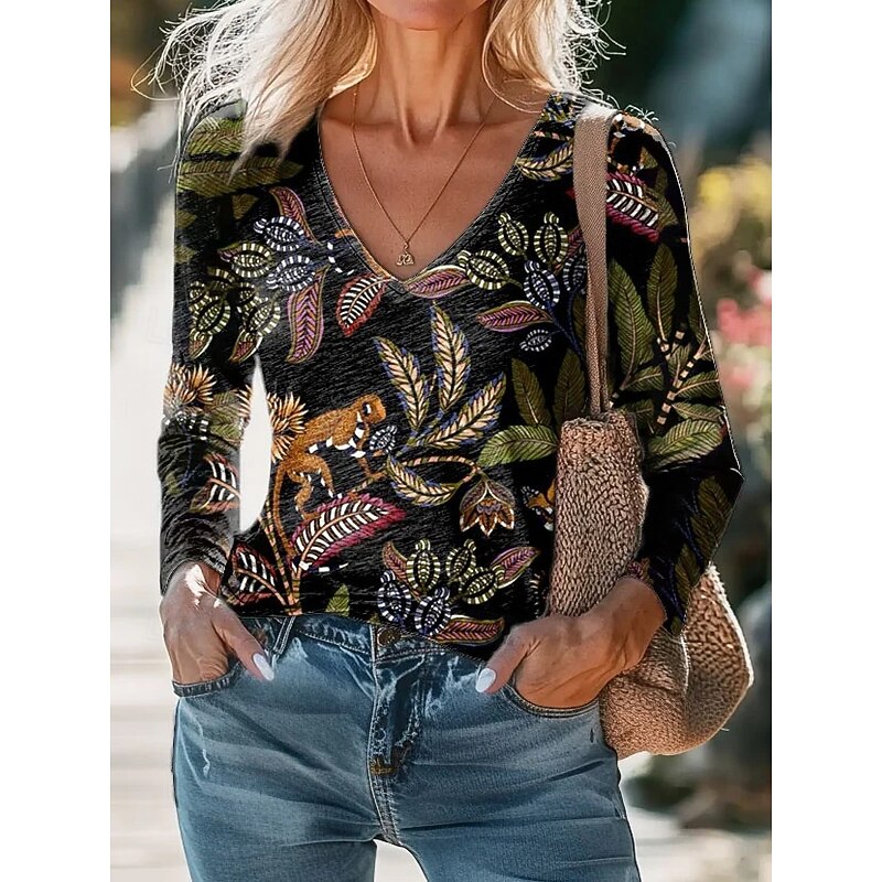 Women's Blouse Floral Bohemia Daily Long Sleeve V Neck Regular Tops Daily Holiday Print Black White Purple Green Apricot Summer Spring Fall4