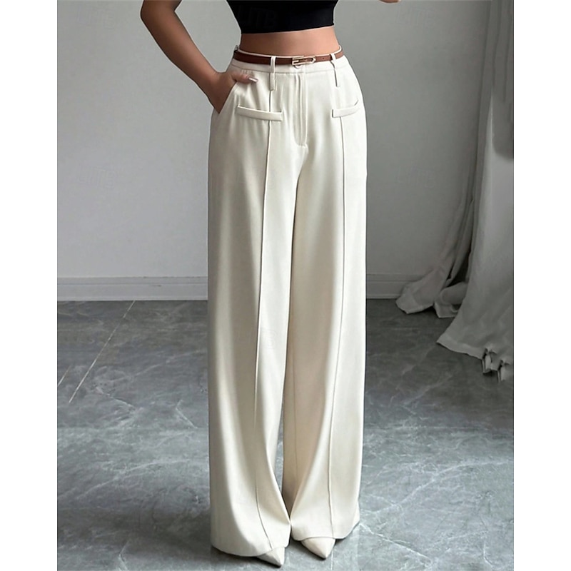 Women's Wide Leg Pants Trousers Palazzo Pants Fashion Streetwear Full Length High Waist Plain Pocket Breathability Comfortable Street Daily Wear Going out White Spring Fall Regular Fit3