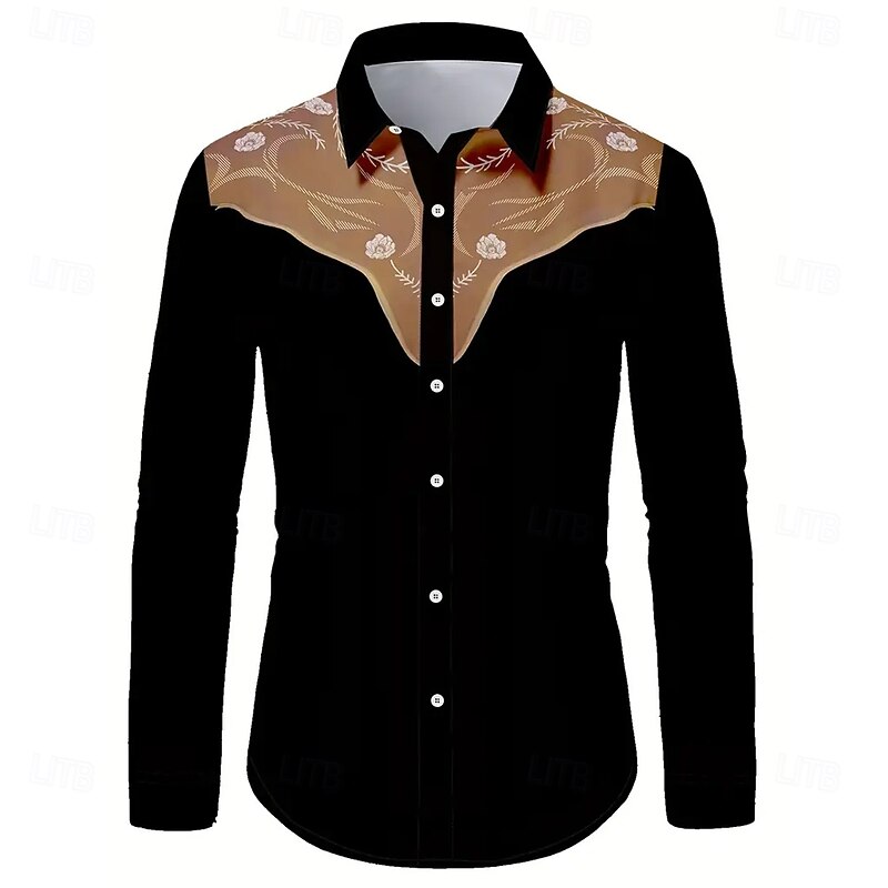 Men's Floral Print Flowers Western Shirt Button Up Shirt Cowboy Shirt Long Sleeve Western Vintage Retro Outdoor Casual Summer Spring Fall Turndown 3D Print Collared Shirts Brown Khaki Gray2