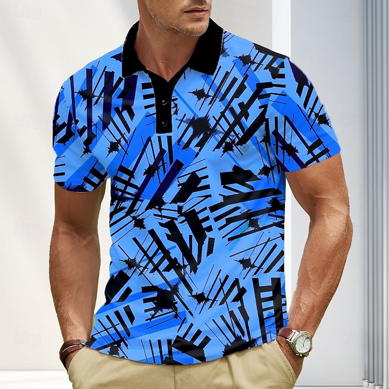 Men's Abstract Geometic Polo Short Sleeve Polo Shirts Lapel Casual Athleisure 3D Print Buttons Summer Yellow Blue Purple2