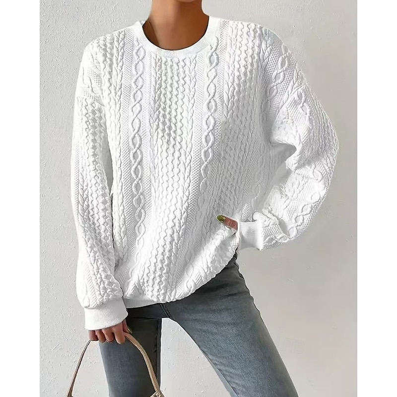 Women's Texture Sweatshirt Pullover Plain Streetwear Casual Comfy Long Sleeve Crew Neck Regular Tops Street Holiday Going out White Fall2