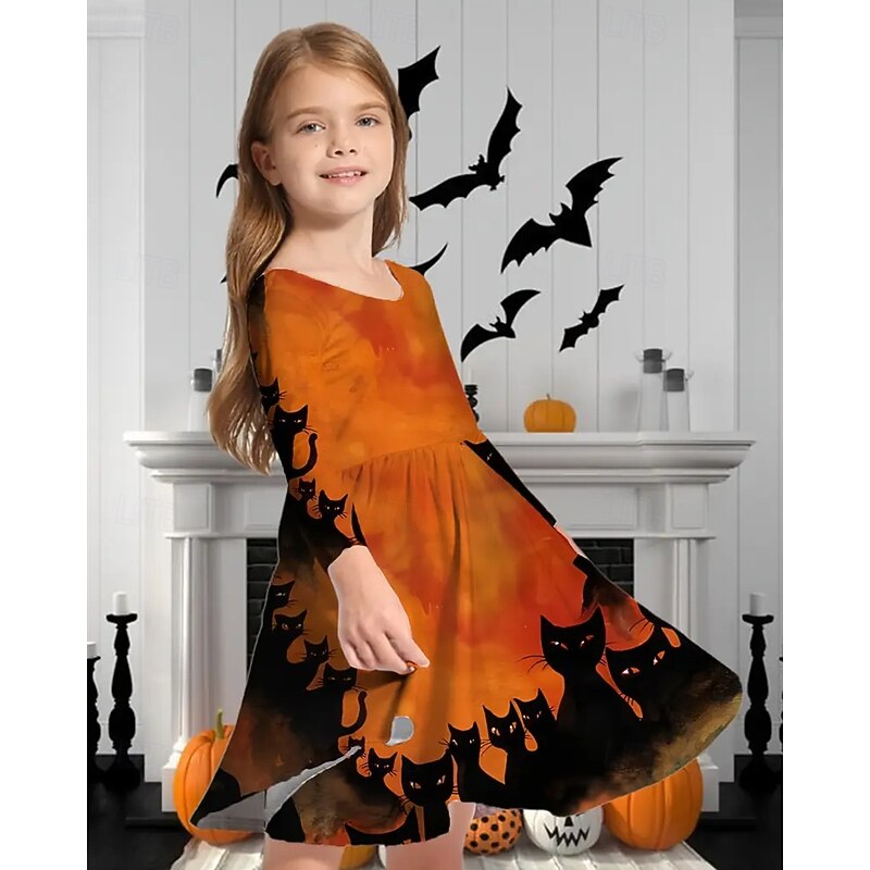 Halloween Girls' 3D Cat Dress Long Sleeve Summer Spring Vacation Daily Holiday Princess Beautiful Sweet Kids 4-12 Years Casual Dress A Line Dress Knee-length Regular Fit2