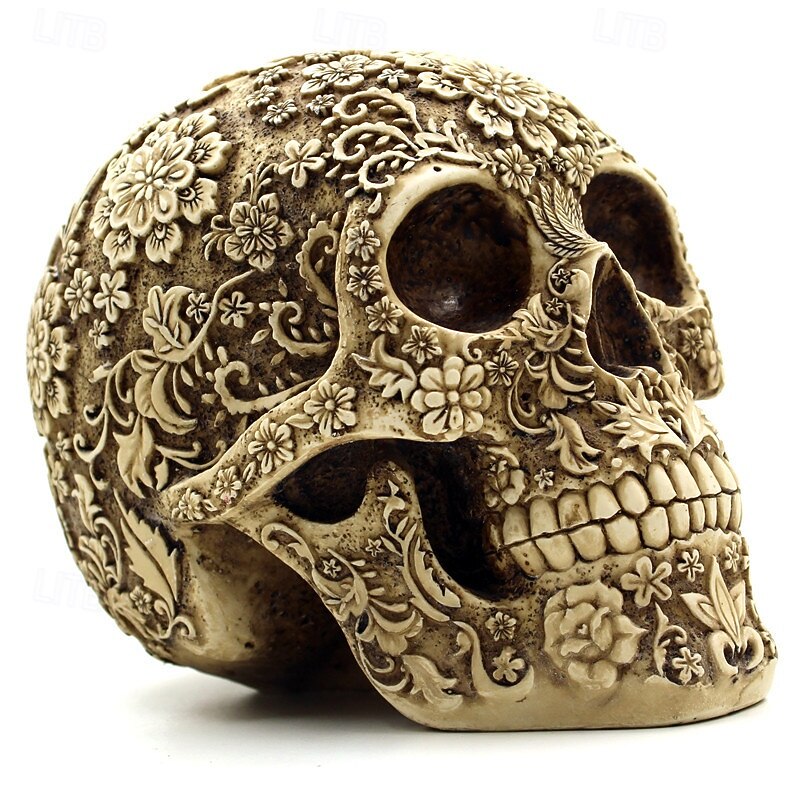 Halloween Resin Figurine Floral Skull Ornament Detailed Pattern Gothic Resin Head Bar Table Decor Unique Halloween Spooky Craft Home Party Decoration Accessory2