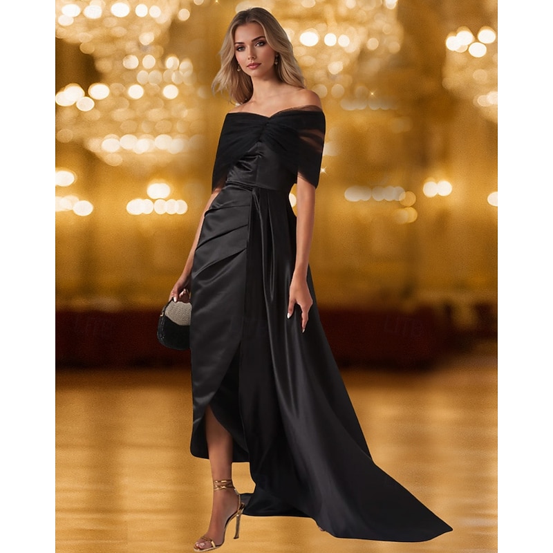 Black Tie Mermaid / Trumpet Evening Gown Elegant Dress Black Formal Dress Wedding Sweep / Brush Train Sleeveless Off Shoulder Tulle with Pleats