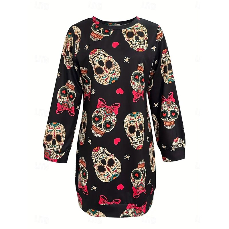 Halloween Women's Sweatshirt Dress Skulls Print Mini Dress Shift Dress Casual Holiday Going out Regular Fit Graphic Skull Long Sleeve Crew Neck Black Spring Fall Winter3