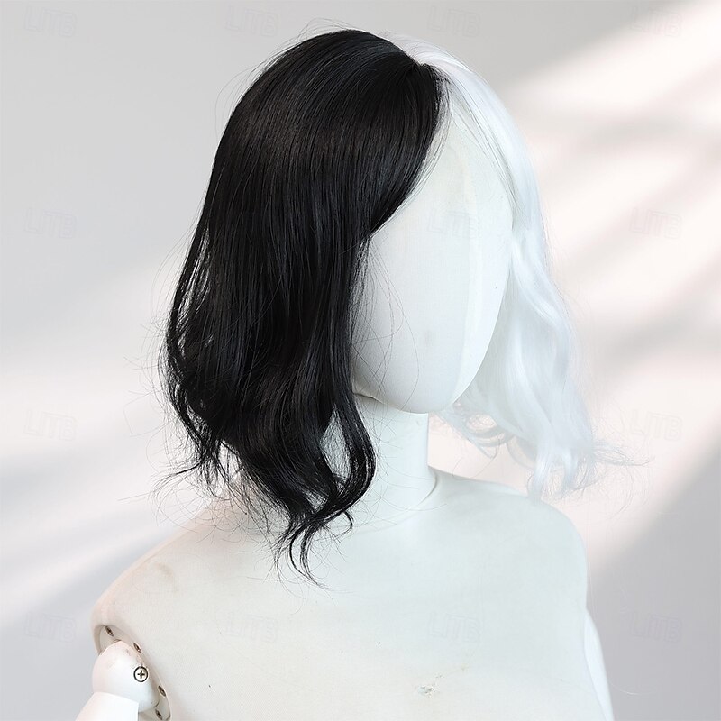 Black & White 10‑Inch Wavy Halloween Wig for Women – Full Bangs, Synthetic Short Hair for Cosplay, Party & Gothic Styles3