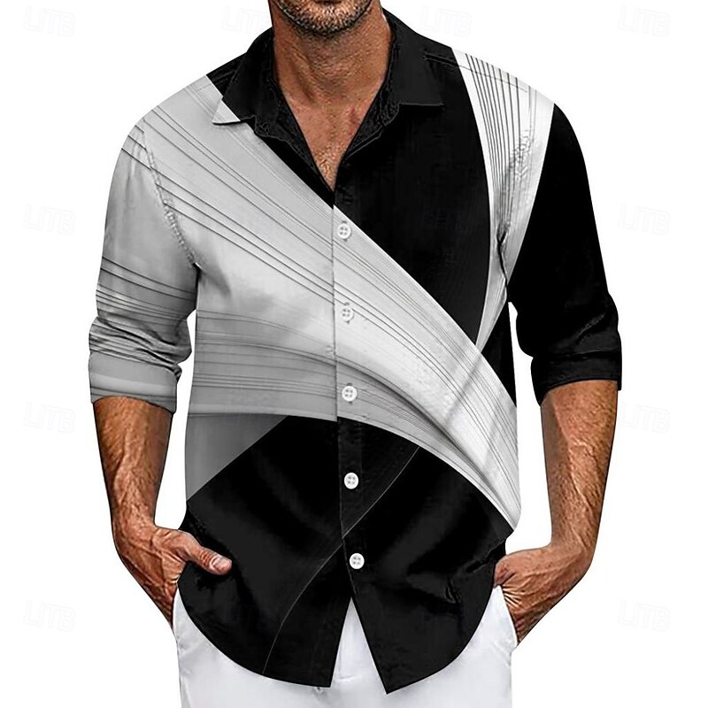 Men's Geometric Gradient Waves Shirt Button Up Shirt Casual Dress Shirt Long Sleeve Fashion Casual Vacation Daily Streetwear Summer Spring Turndown 3D Print Collared Shirts Black Blue Gold Dark Gray4