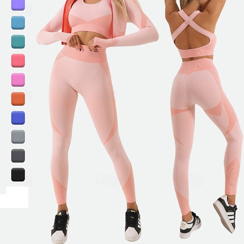 Women's Yoga Sweatsuit Lounge Outfits  Sports Bra Seamless Leggings Fall Zipper Color Block Clothing Suit Forest Green Lake Blue Gym Workout High Waist Stretchy Breathable Long Sleeve Sport Activewear