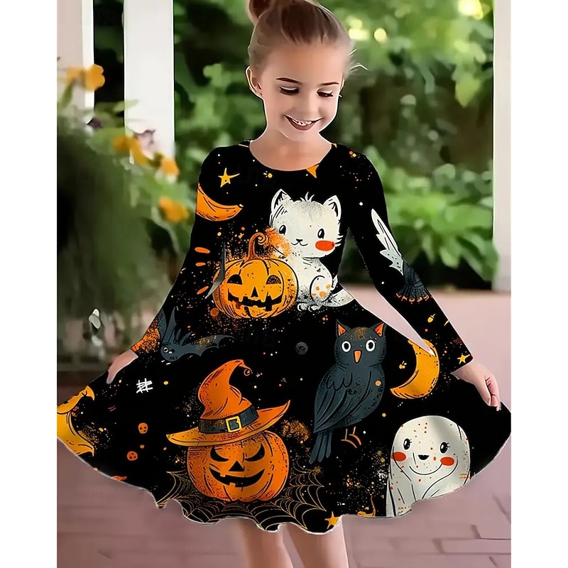 Halloween Girls' 3D Animal Pumpkin Dress Long Sleeve Summer Spring Vacation Daily Holiday Princess Beautiful Sweet Kids 4-12 Years Casual Dress A Line Dress Knee-length Regular Fit