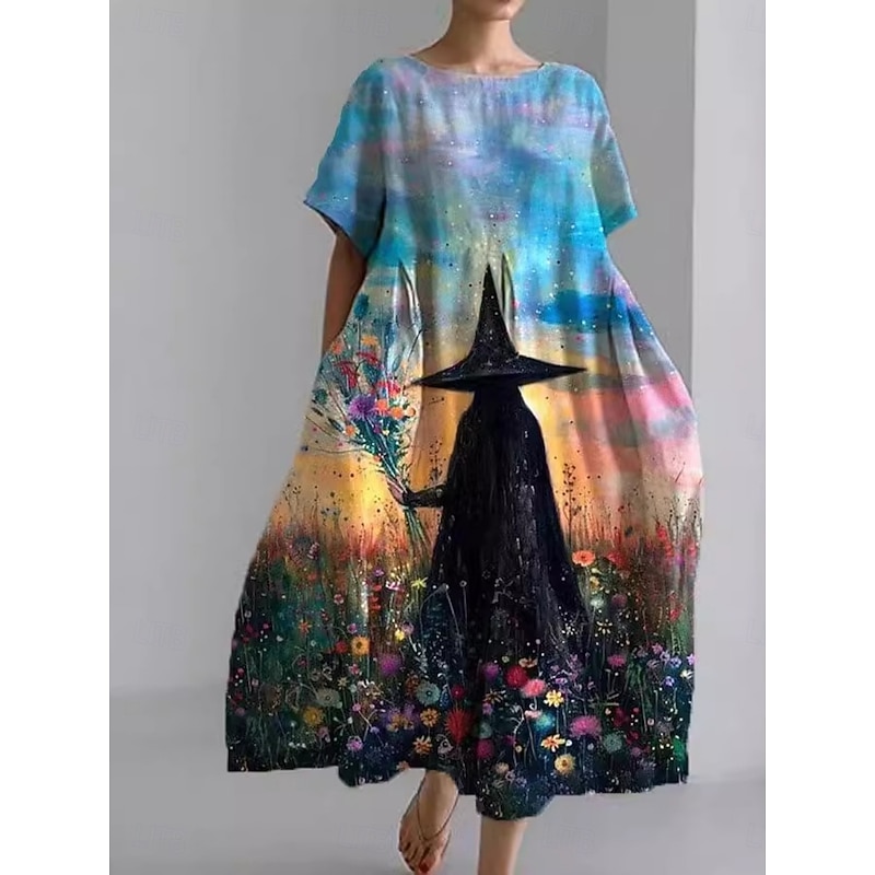Halloween Women's Witch Print Midi Dress A Line Dress Summer Dress Casual Daily Regular Fit Graphic Short Sleeve Crew Neck Yellow Blue Purple Green Summer - Main Image