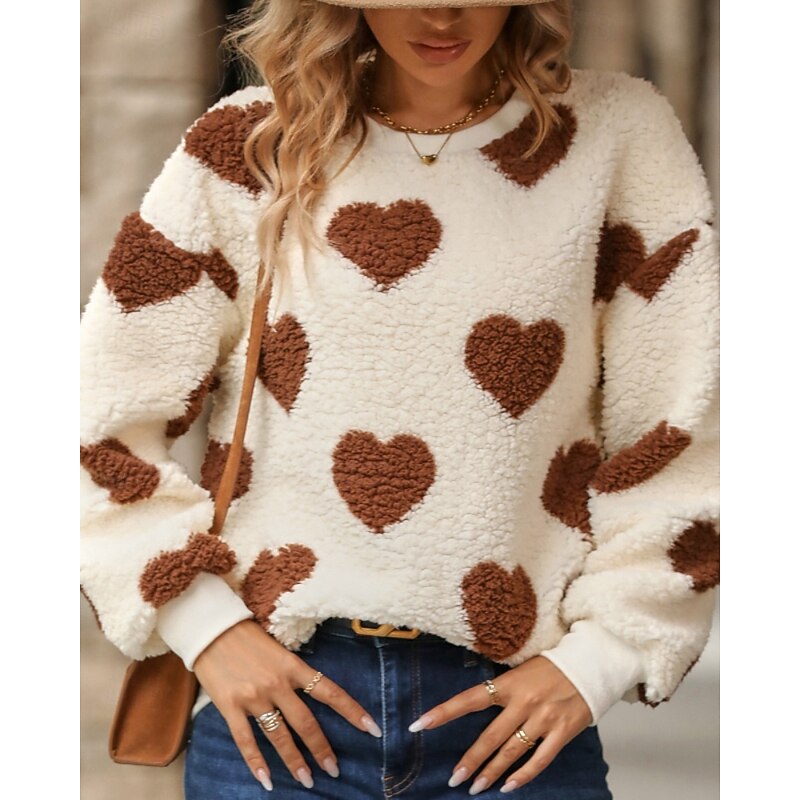 Women's Pullover Sweatshirt Sweatshirts Heart Streetwear Casual Long Sleeve Crew Neck Regular Tops Street Holiday Going out Print Black Red Khaki Fall Winter2