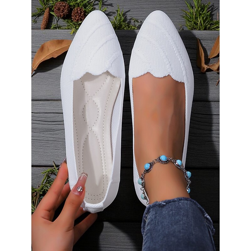 Women's White Flyknit Pointed Toe Flats – Scalloped Edge Ballerina Shoes for Spring Picnics, Garden Parties & Commuting