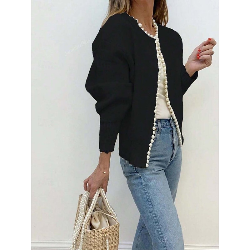 Women's Sweater Cardigan Elegant Fashion Streetwear Pure Color Crew Neck Beaded Knitted Long Sleeve Regular Tops Knit Outdoor Daily Weekend Black Fall Winter3