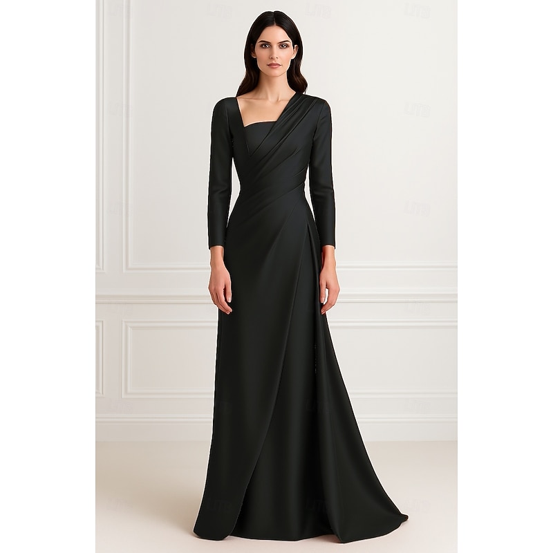 Red Black A-Line Evening Gown Elegant Dress Formal Wedding Floor Length Long Sleeve V Neck Stretch Satin with Pleats Ruched4