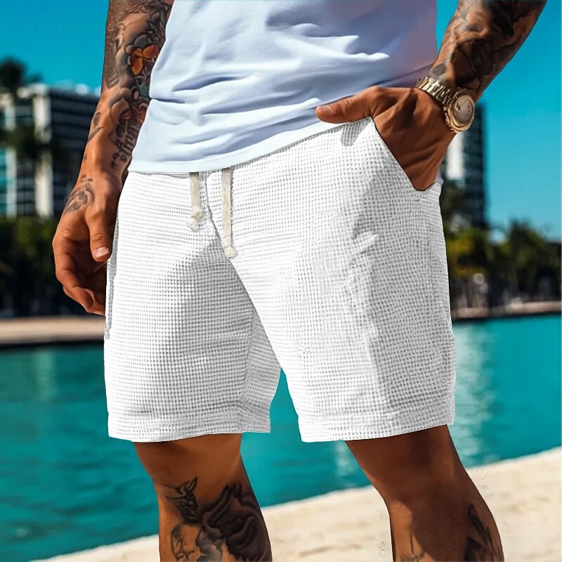Men's Waffle Shorts Sweat Shorts Beach Shorts Running Shorts Gym Shorts Elastic Waist Drawstring Plain Comfort Knee Length Outdoor Casual Daily Vacation Classic Style White Blue