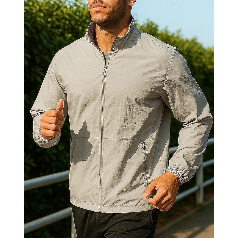 Men's Running Jacket Outdoor Jacket Pocket Long Sleeve Top Athleisure Solid Colored Waterproof Windproof Lightweight Breathable Gym Workout Hiking Running Sportswear Activewear Black Light Grey Green